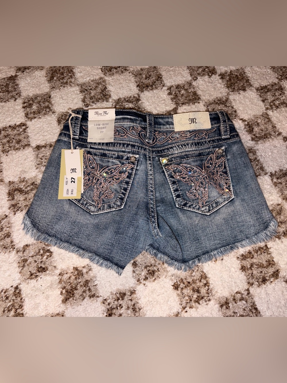 Miss Me Blue Denim Shorts with Pink Embellished Butterfly Back Pockets